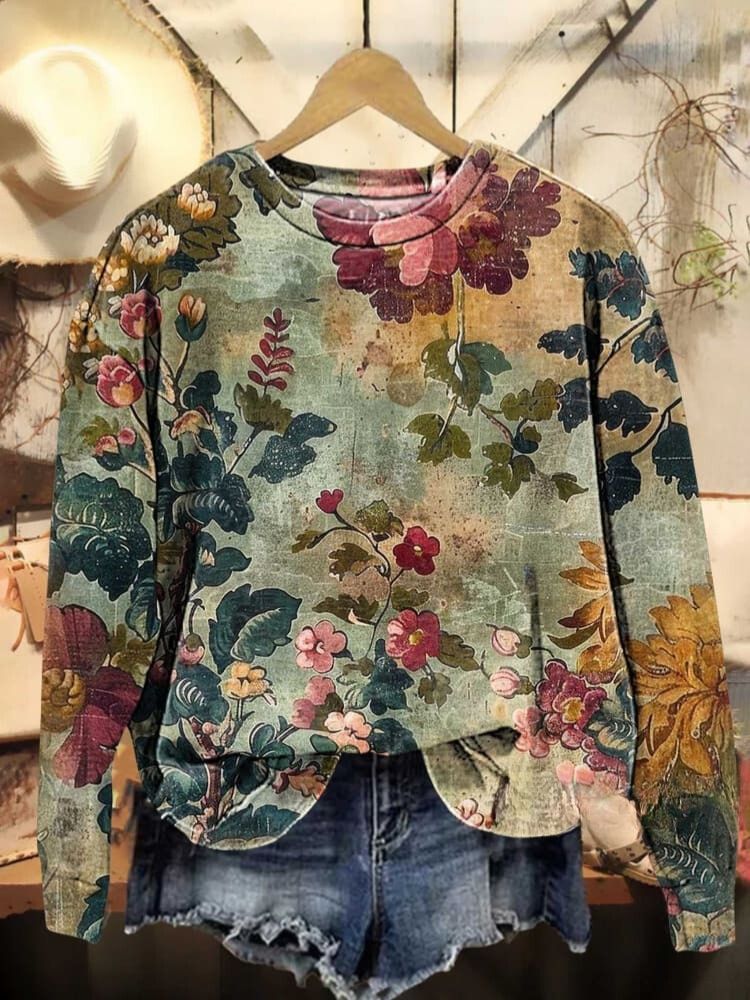 Vintage Floral Print Casual Sweatshirt