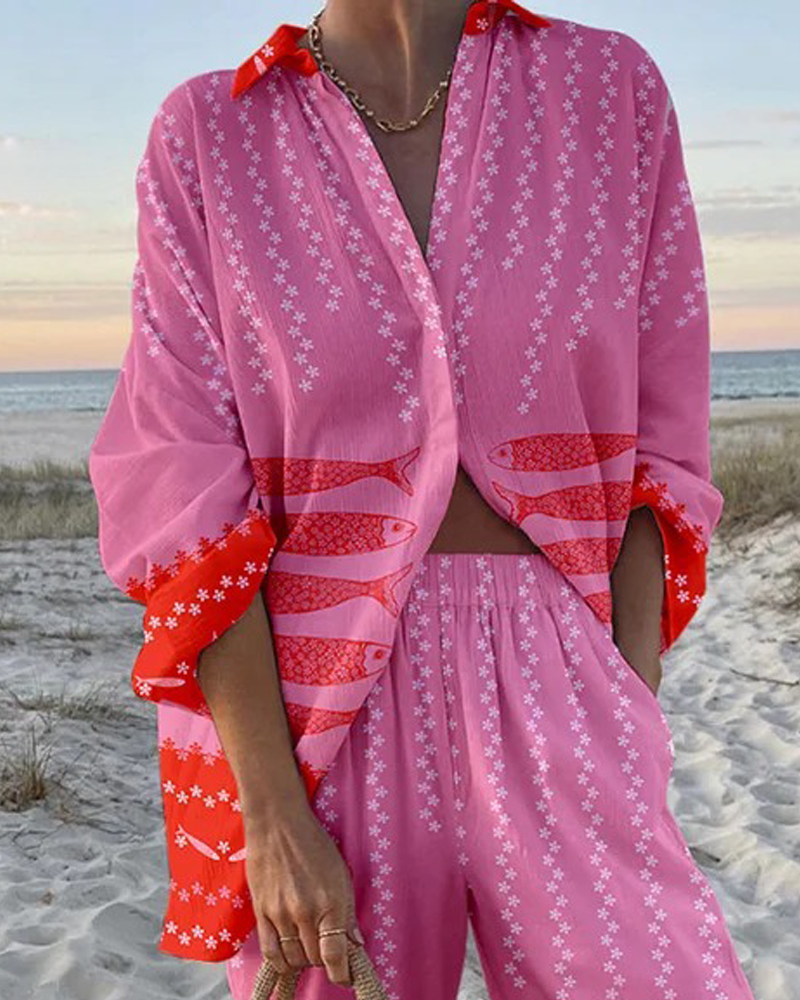 Retro vacation fish print two-piece set