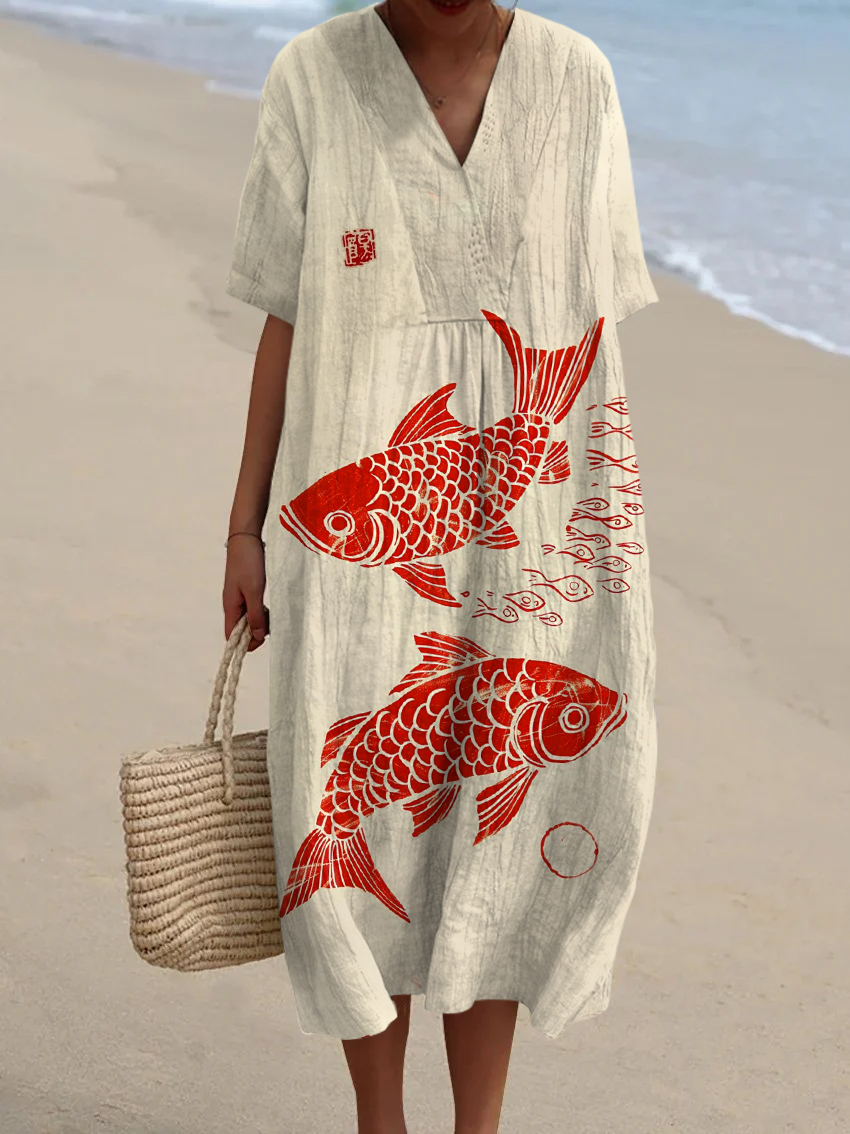 Women's Vintage Fish Print Flowy Dress