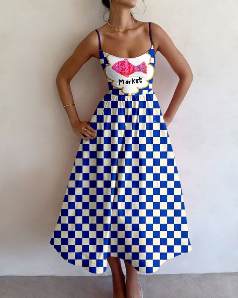 Fish Check Print Slip Dress