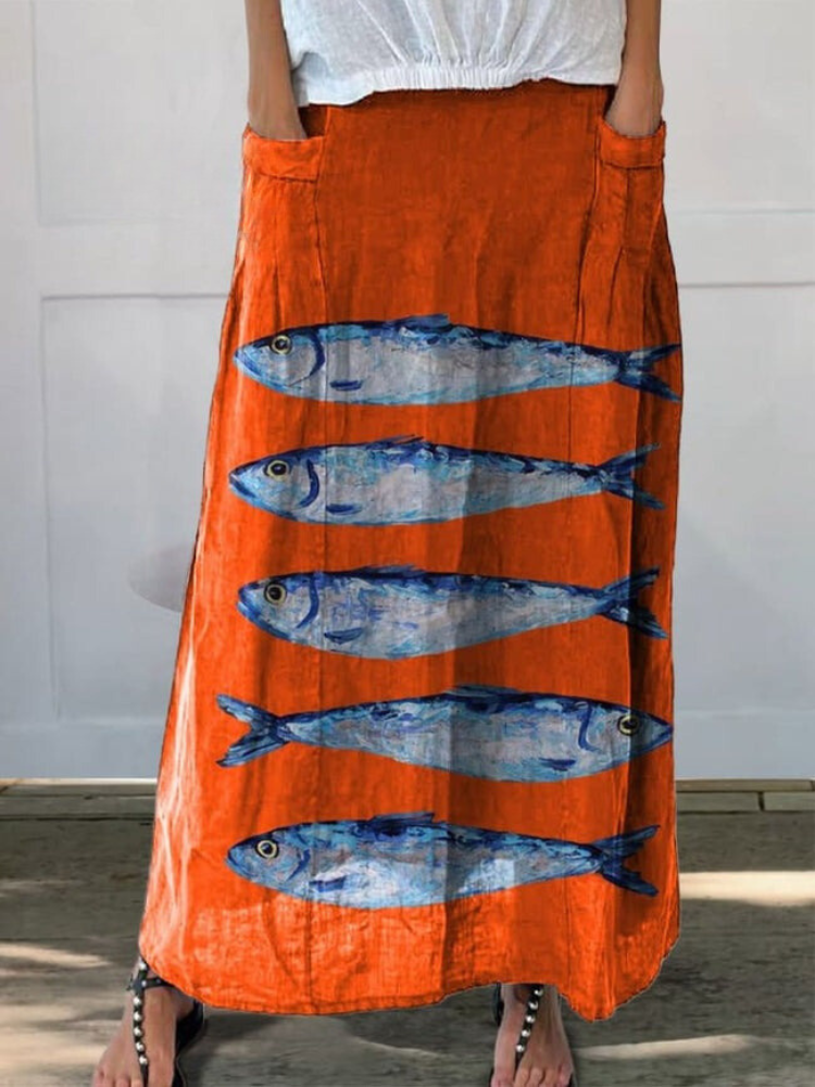 Women's Vintage Lovely Fish Art Print Linen Pocket Skirt