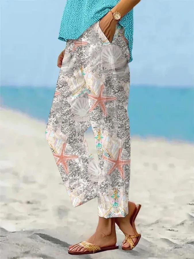 Women's Holiday Style Ocean Starfish Pattern Loose Casual Pants (With Pockets)
