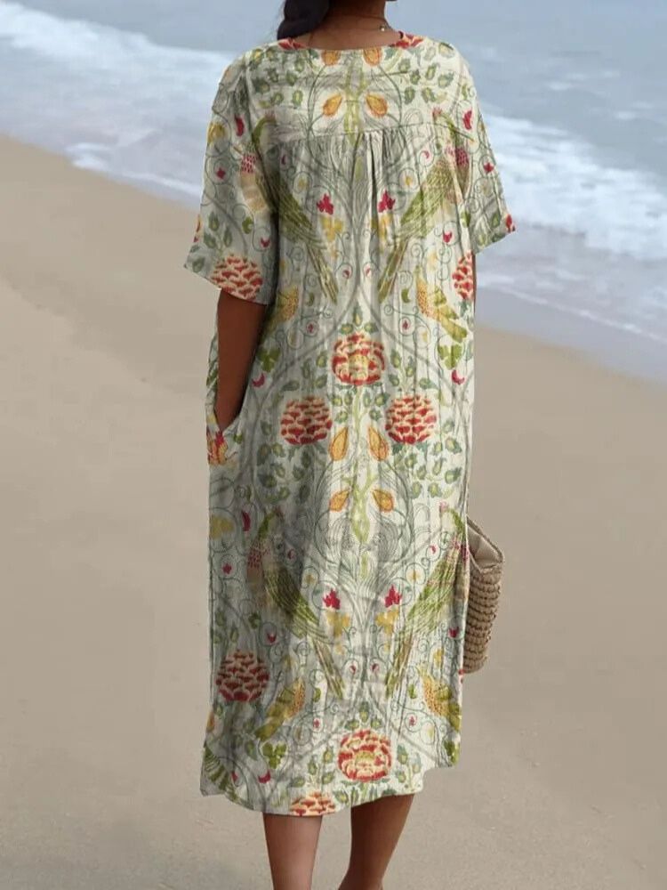 Women's Vintage Lovely Floral Birds Art Print Flowy Dress