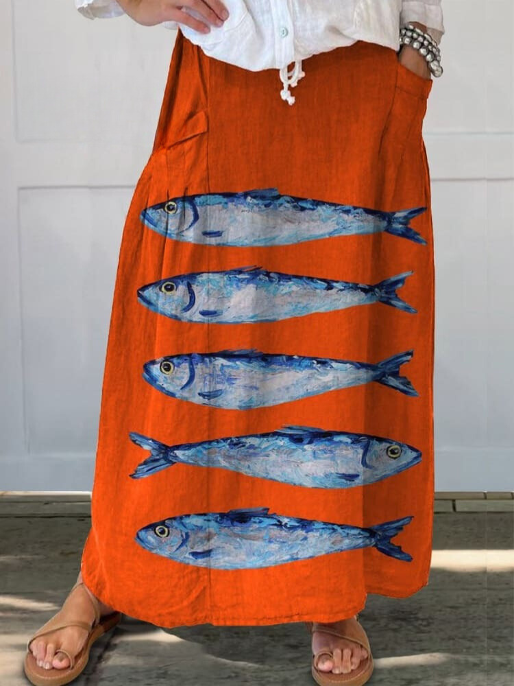 Women's Vintage Lovely Fish Art Print Linen Pocket Skirt