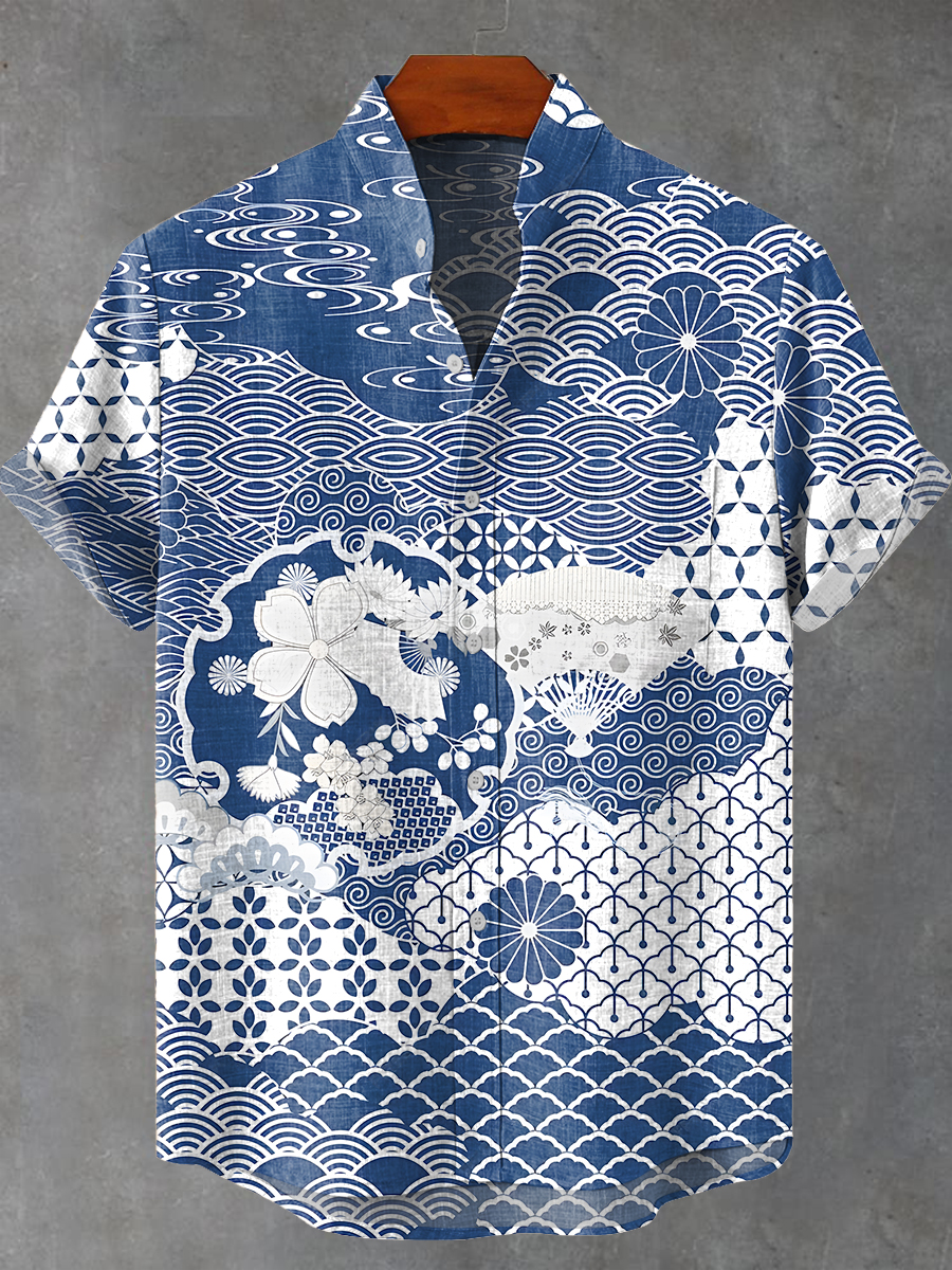 Auspicious clouds Fish scale Flowers Vintage Art Print Casual Shirt