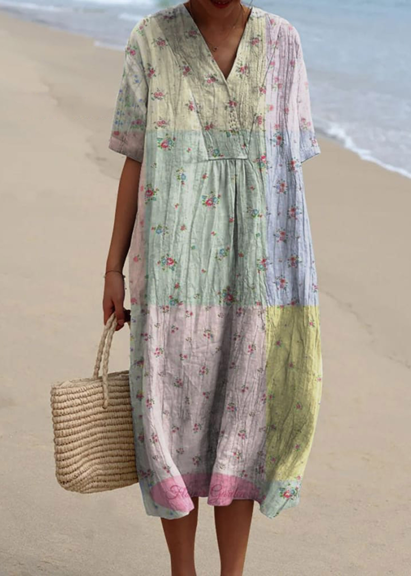 Women's Retro Cute Floral Patchwork Art Print Flowing Dress