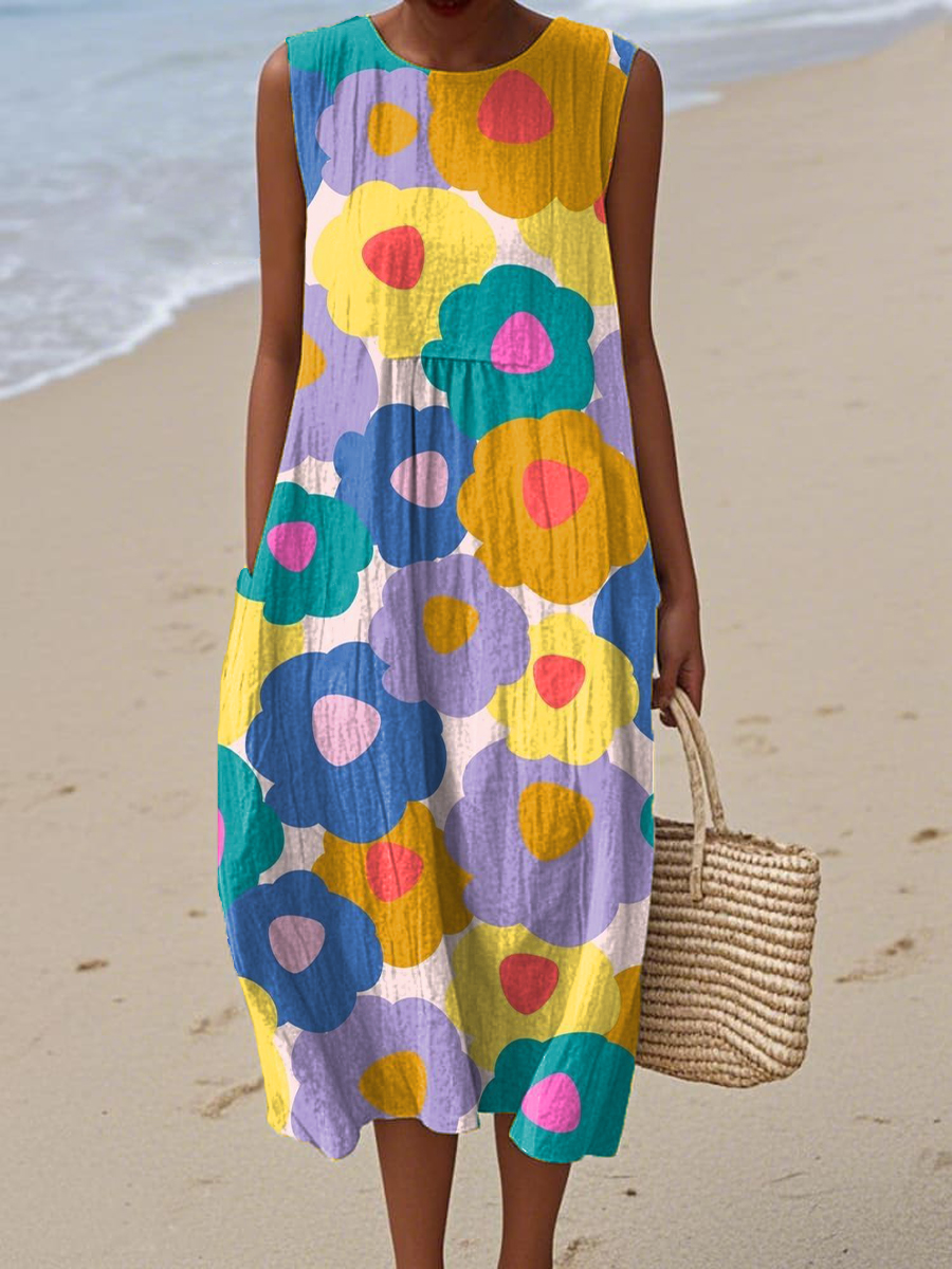 Women's Colorful Flower Painting Art Print Sleeveless Cotton Pocket Wrap Dress