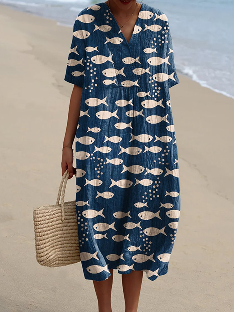 Women's Fish Art Print Casual V Neck Midi Dress