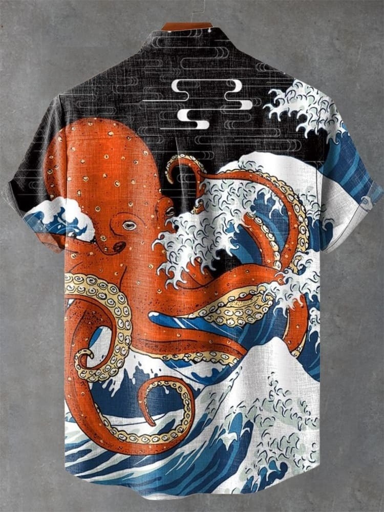 Vintage Japanese Art Ukiyoe Ocean Wave Octopus Print Casual Shirt