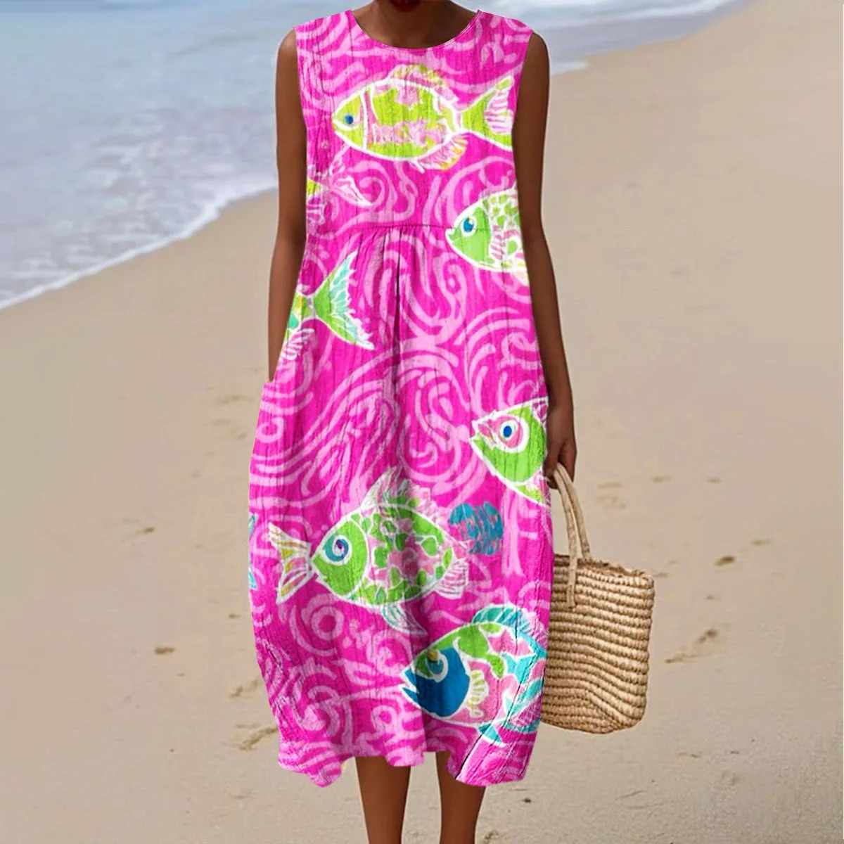 Women's Vintage Fish Art Print Sleeveless Linen Pocket Wrap Dress