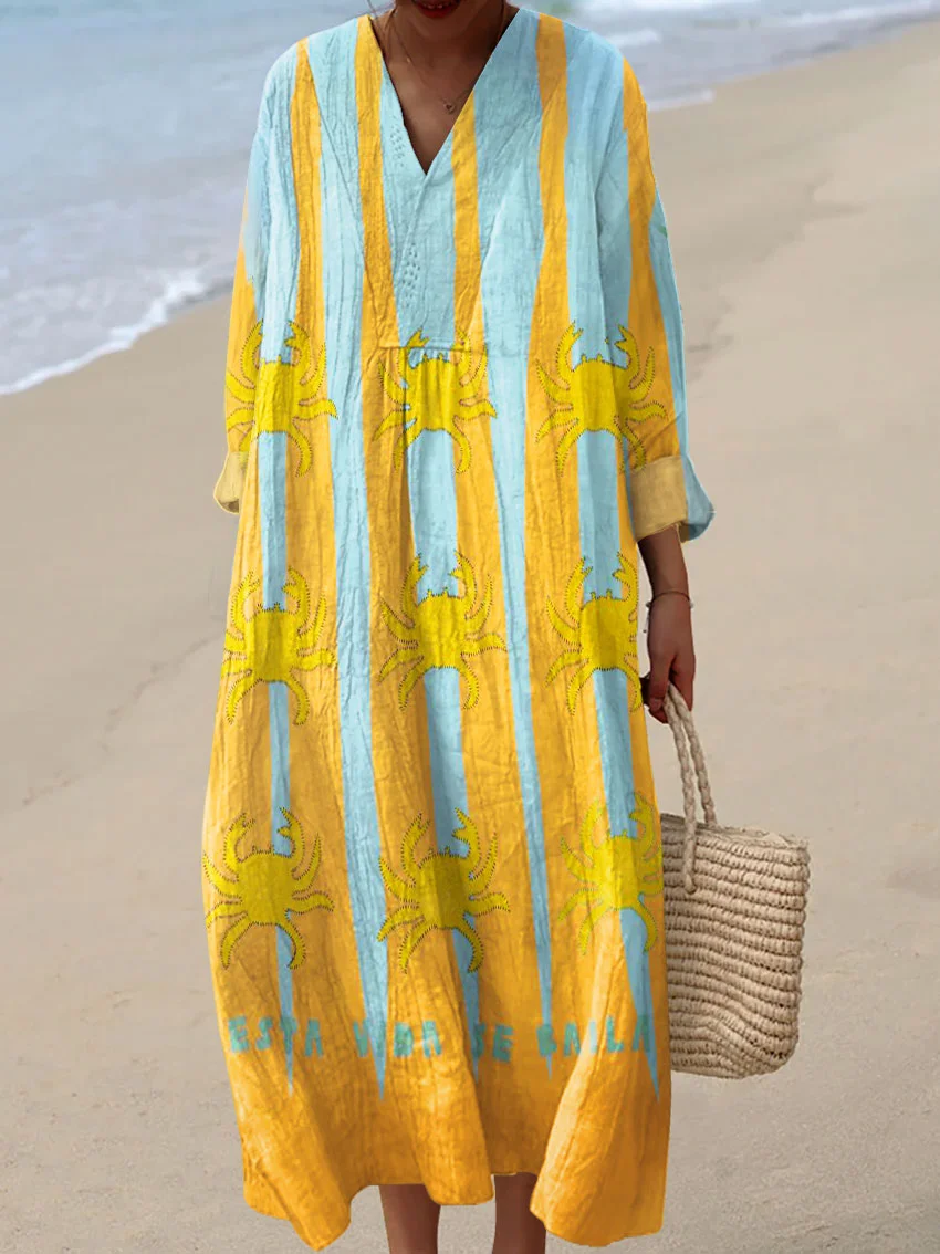 Women's Vintage Abstract Geometric Color Block Crab Art Print Dress