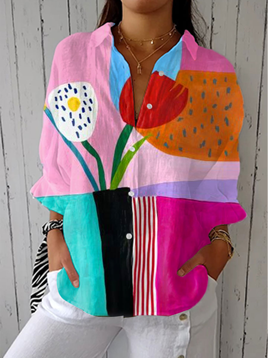 Women's  Vintage Abstract Geometry Flower Art Print Casual V-neck Shirt