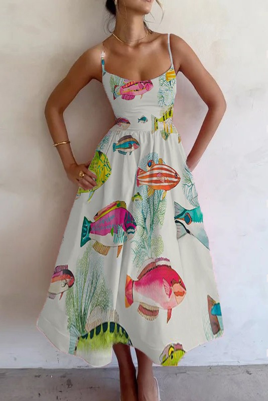 Printed fish art midi dress
