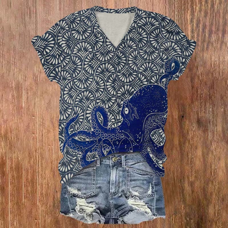 Japanese Style Octopus Art Print V-Neck T-Shirt