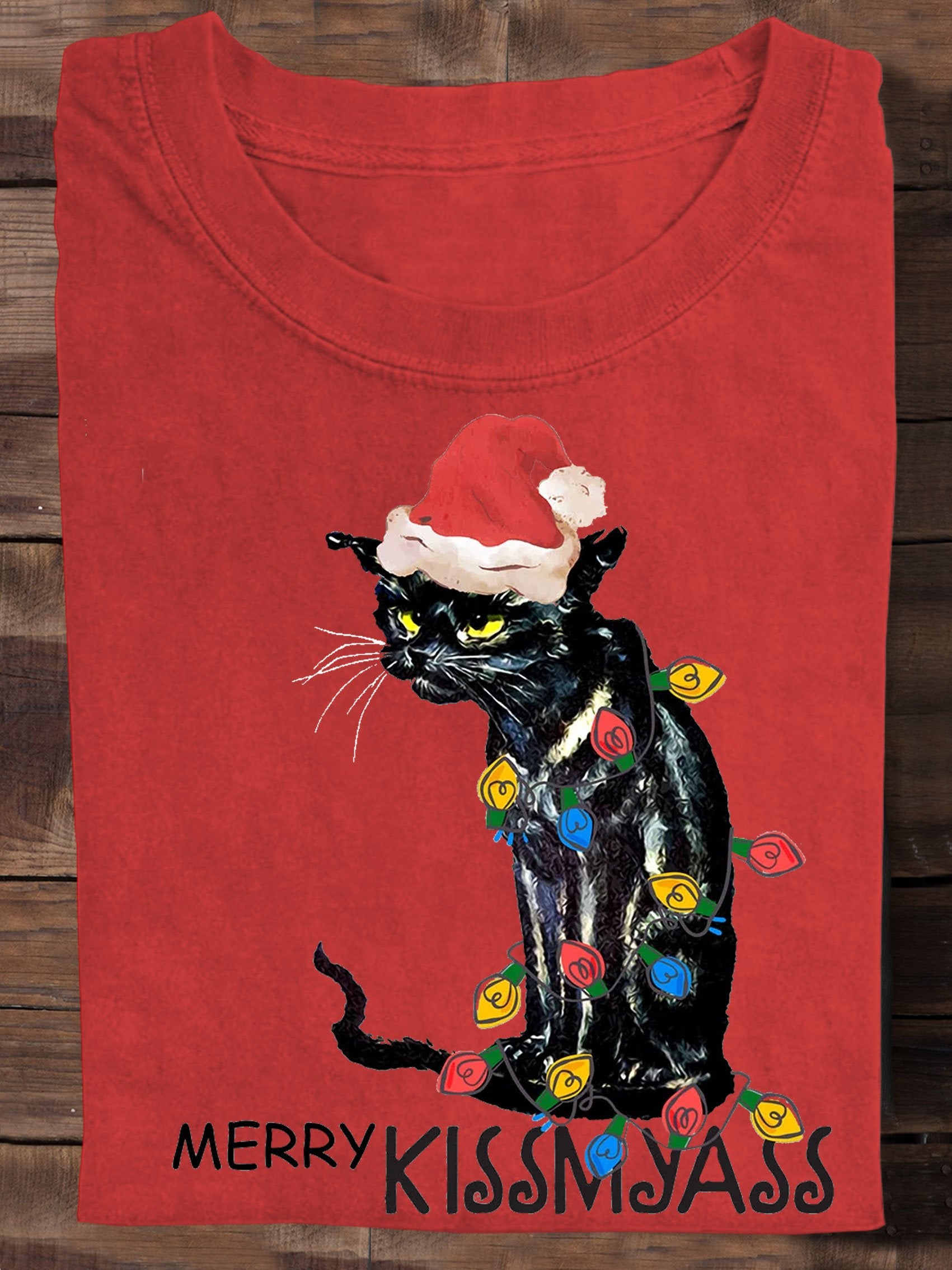 Merry Kissmyass Funny Cat Christmas LightsT-shirt