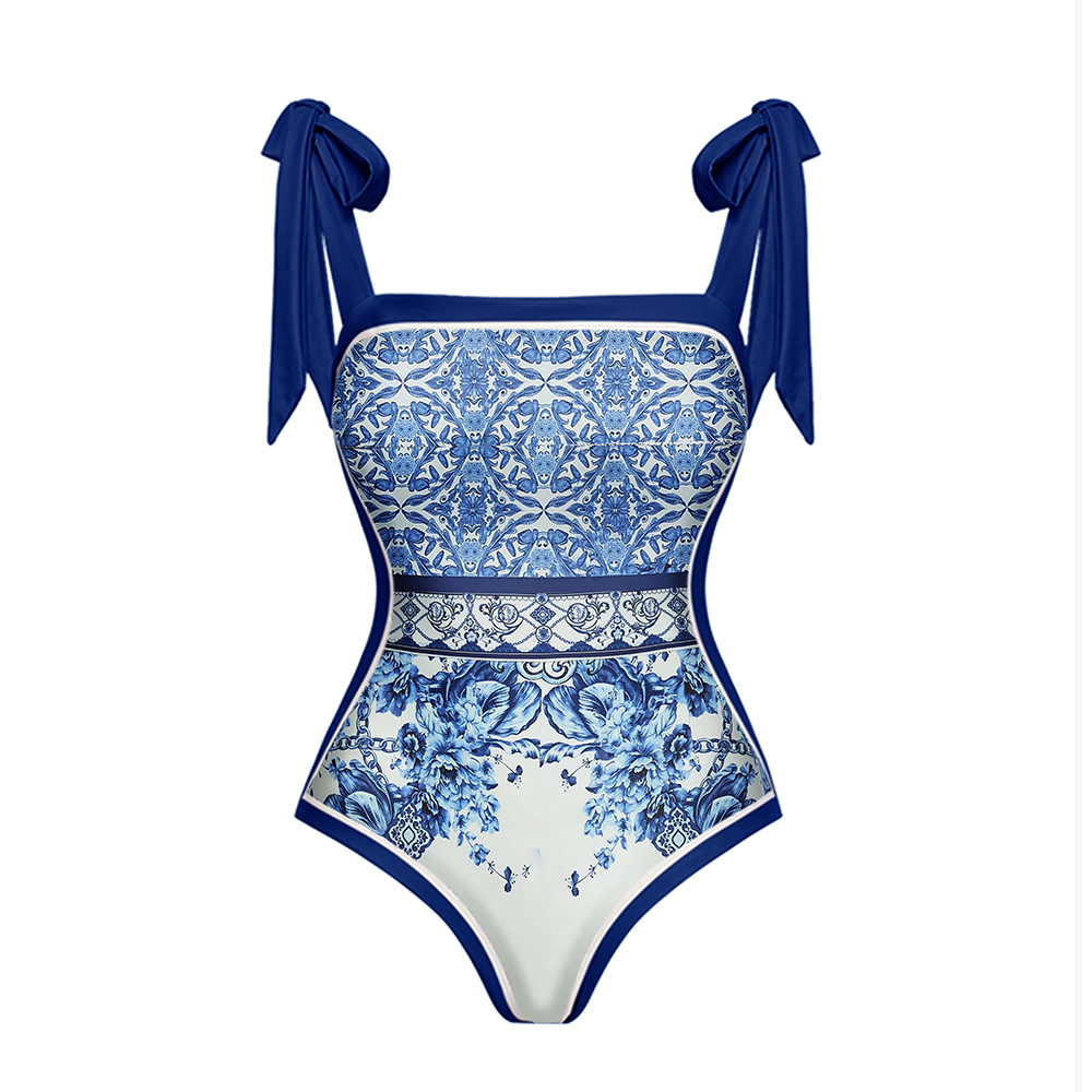 Blue and White Porcelain One Piece Swimsuit and Skirt
