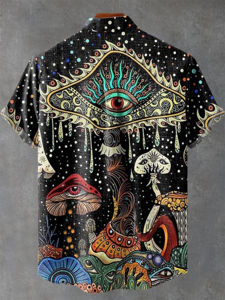 Vintage Psychedelic Eyes Mushroom Art Print Casual 100% Cotton Shirt