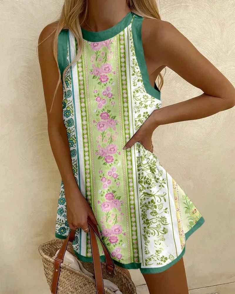 Green Flower Print Mini Dress