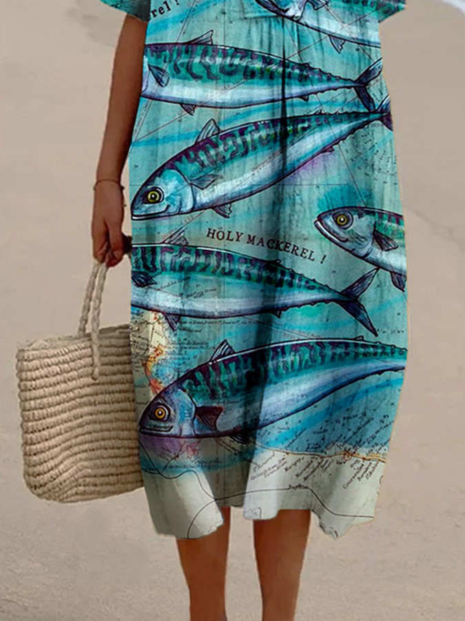 Women's Map Ocean Fish Print Casual Cotton And Linen Dress