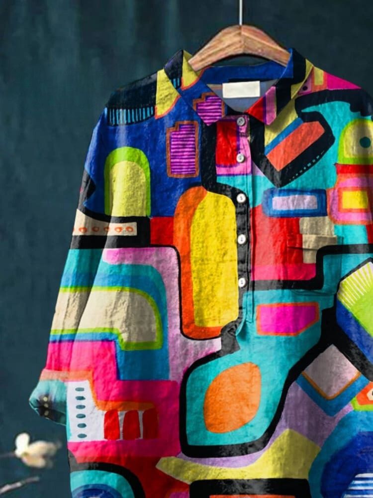 Women's Abstrct Art  Print Casual Cotton And Linen Shirt