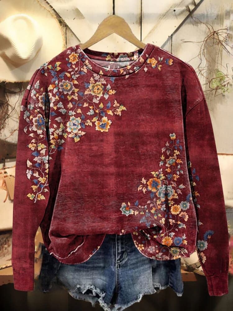 Retro Ethnic Floral Pattern Casual Sweatshirt