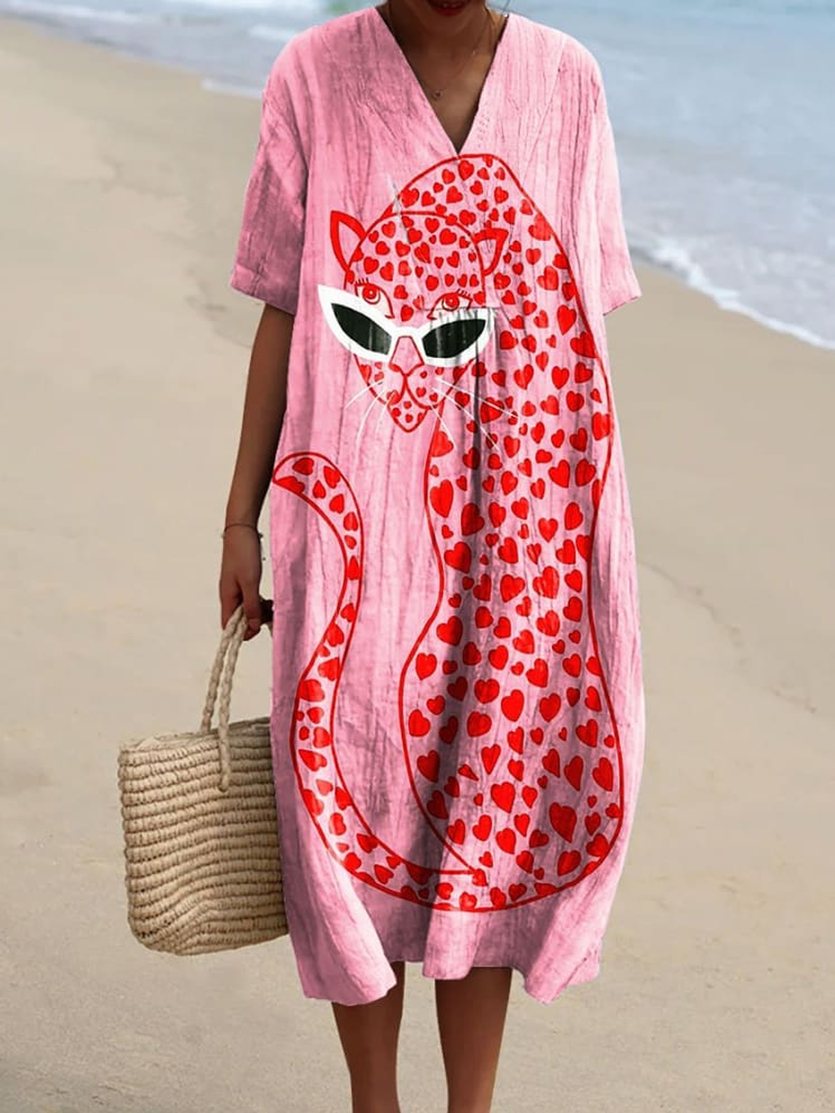 Women's Vintage Pink Cheetah Art Print Flowy Dress