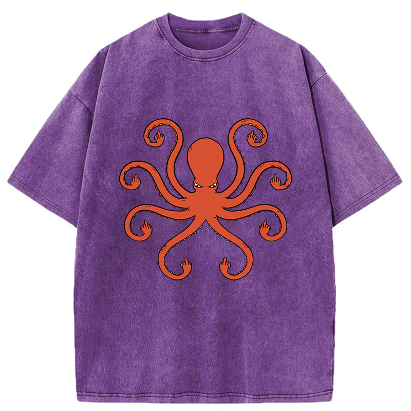Octopus Give The Middle Finger Washed T-Shirt