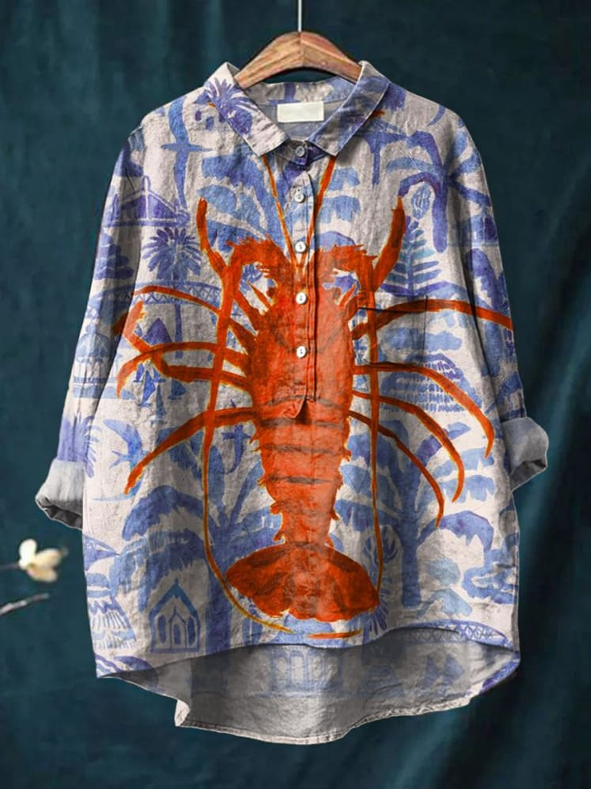 Vintage Lovely Lobster Art Print Casual Cotton And Linen Shirt
