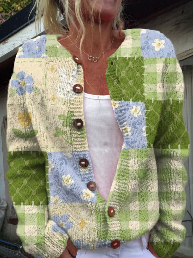 Vintage Plaid Cute Floral Art Print Buttoned Cardigan Sweater