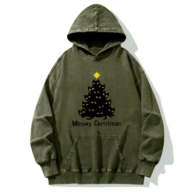 Black Cat Christmas Tree Washed Hoodie