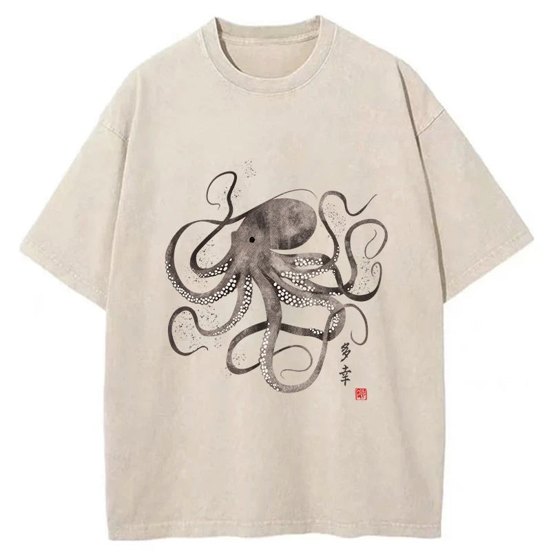 Octopus Japanese Calligraphy Washed T-Shirt