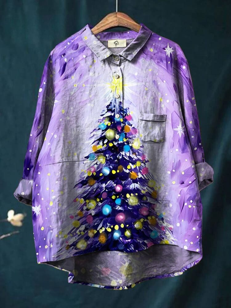 Funny Purple Christmas Christmas Tree Pattern Printed Cotton Linen Shirt