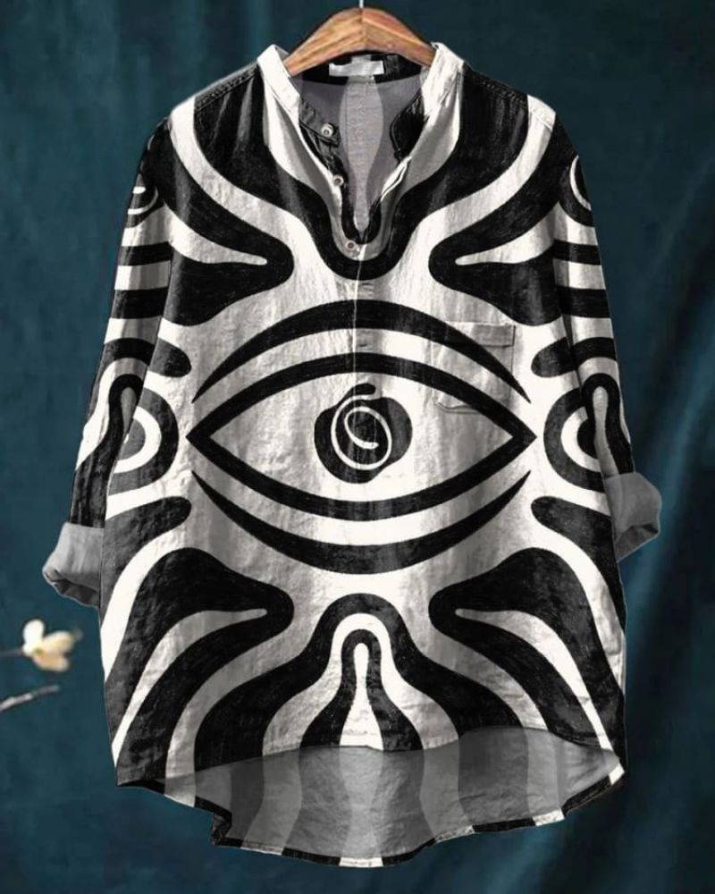 Abstract Eye Art Printed Women's Casual Long Sleeve Comfortable Cotton Shirt