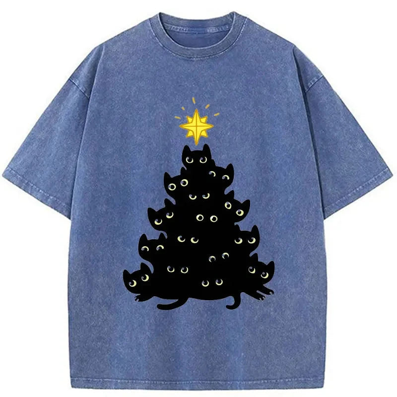   Black Cat Christmas Tree Washed T-Shirt