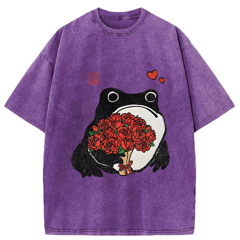 Romantic Frog Holding Roses Washed T-Shirt