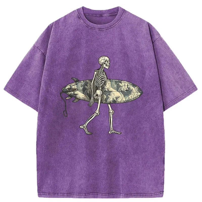   Skeleton Ready To Go Surfing Washed T-Shirt