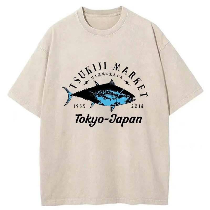 Tsukiji Fish Market Blue Fish Washed T-Shirt