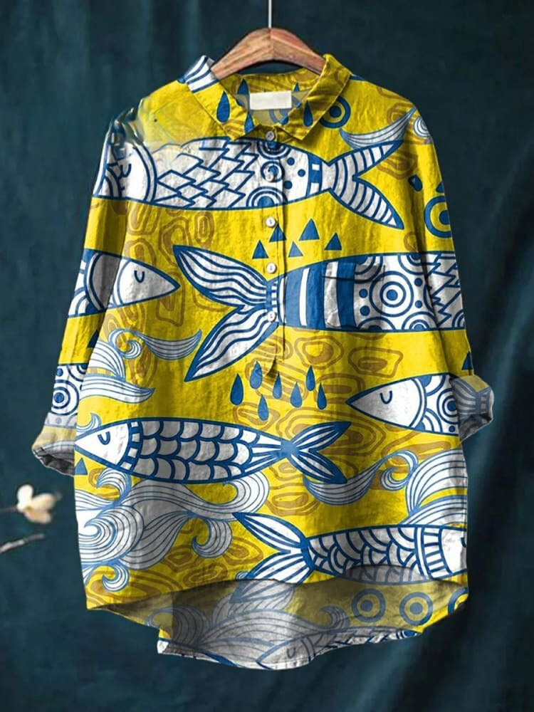 Summer Sea Fish Pattern Printed Women's Casual Cotton And Linen Shirt