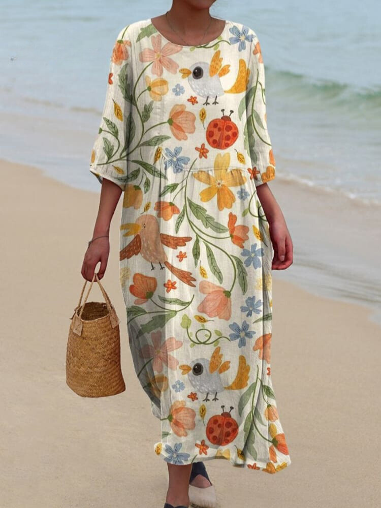 Women's Vintage Cute Floral Print Pocket Cotton Dress