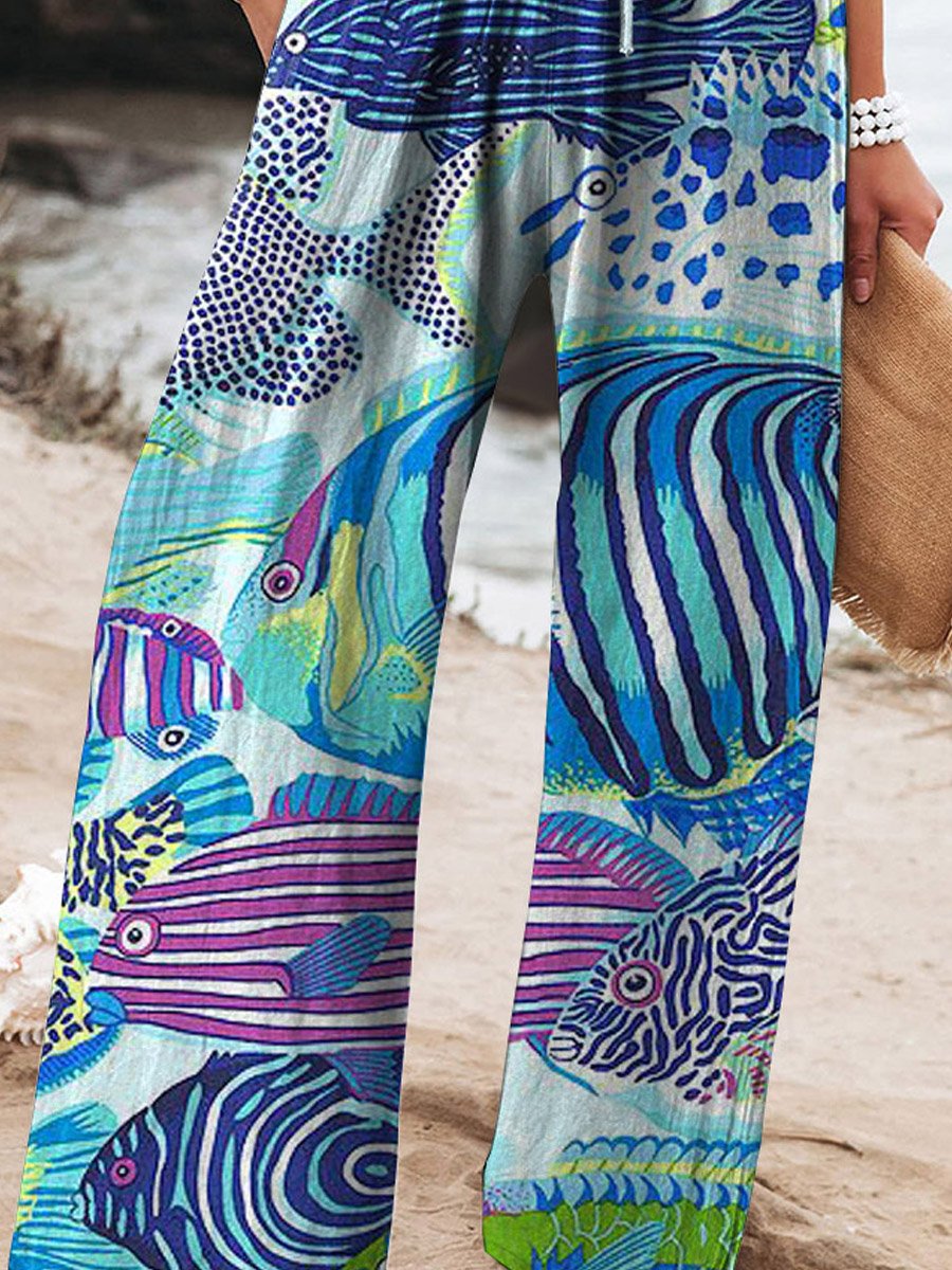 Women's Vintage Lovely Fish Art Printed Casual Pants