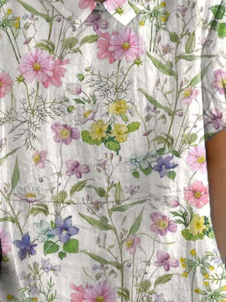 Women's Vintage Lovely Floral Art Print Casual Cotton And Linen Shirt