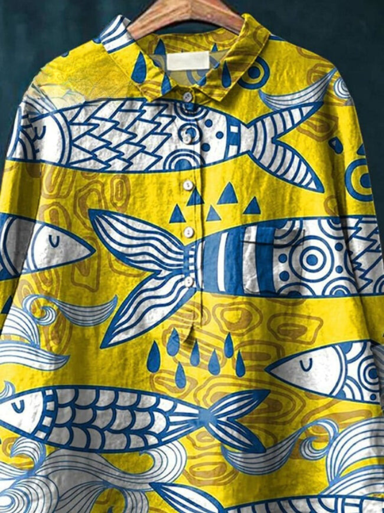 Summer Sea Fish Pattern Printed Women's Casual Cotton And Linen Shirt