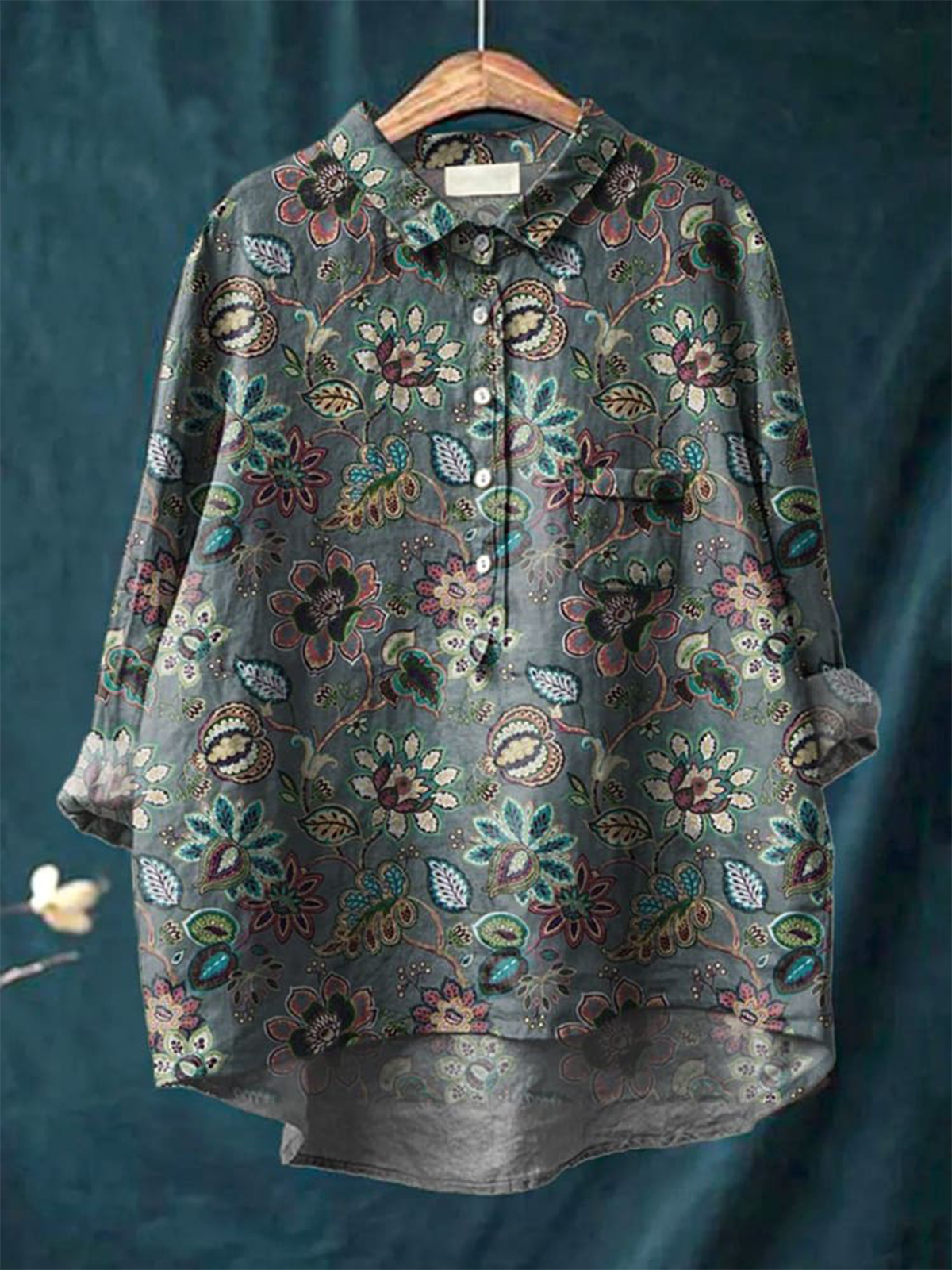 Vintage Botanical Floral Pattern Printed Women's Casual Cotton And Linen Shirt