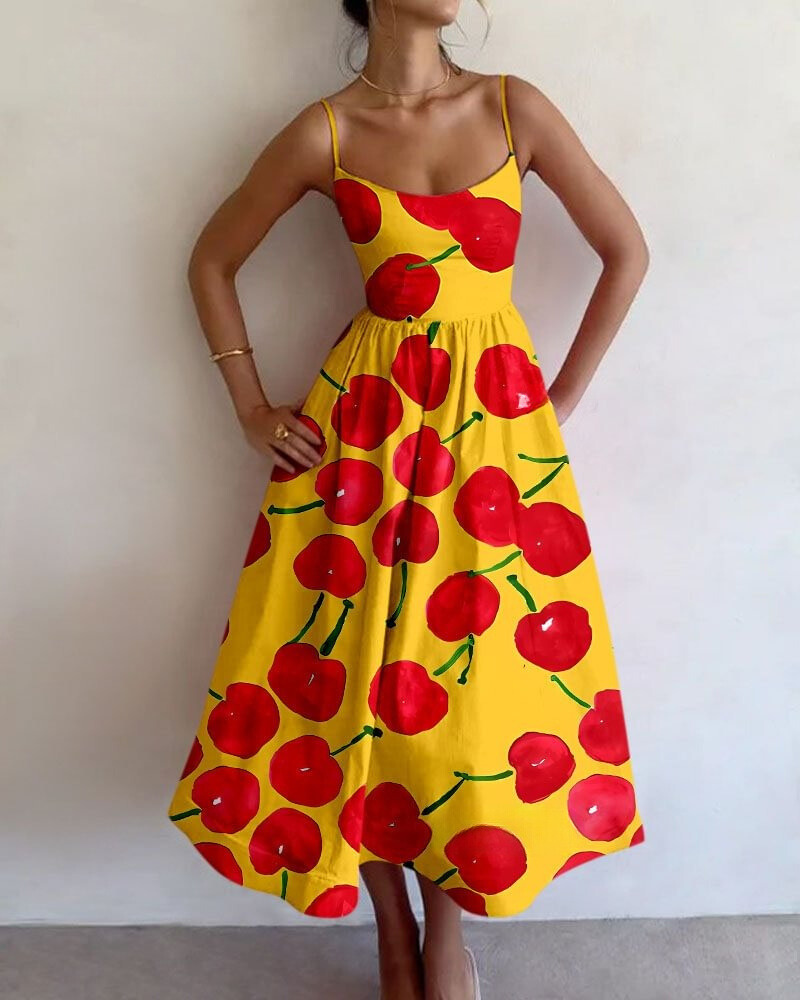 Fashion Cherry Print Slip Dress