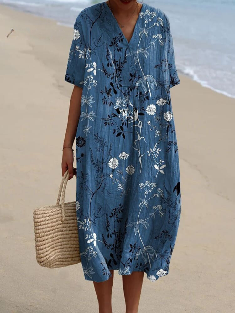 Women's Vintage Elegant Floral Art Print Flowy Dress