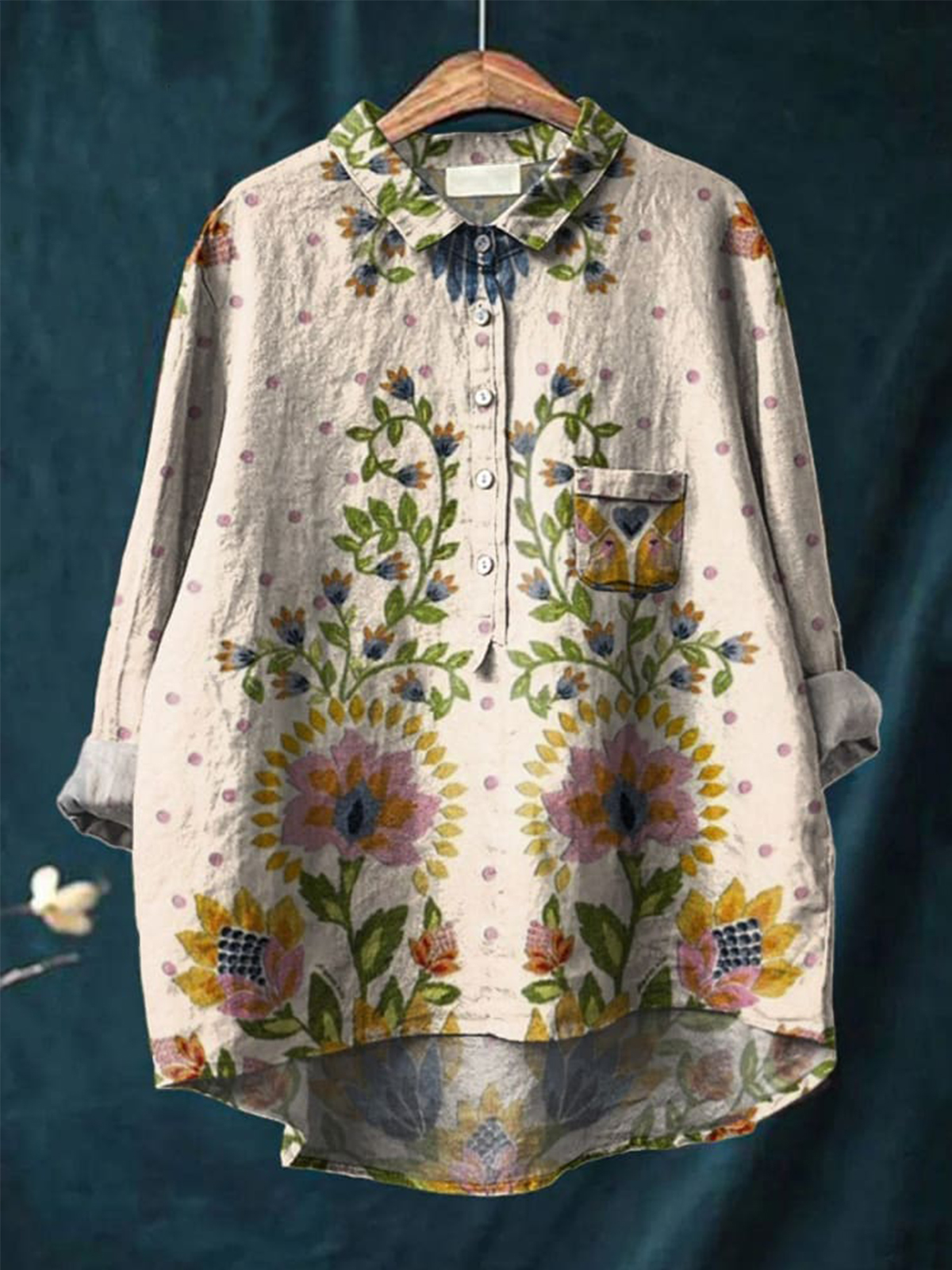 Tropical Floral Symmetrical Pattern Printed Women's Casual Cotton And Linen Shirt