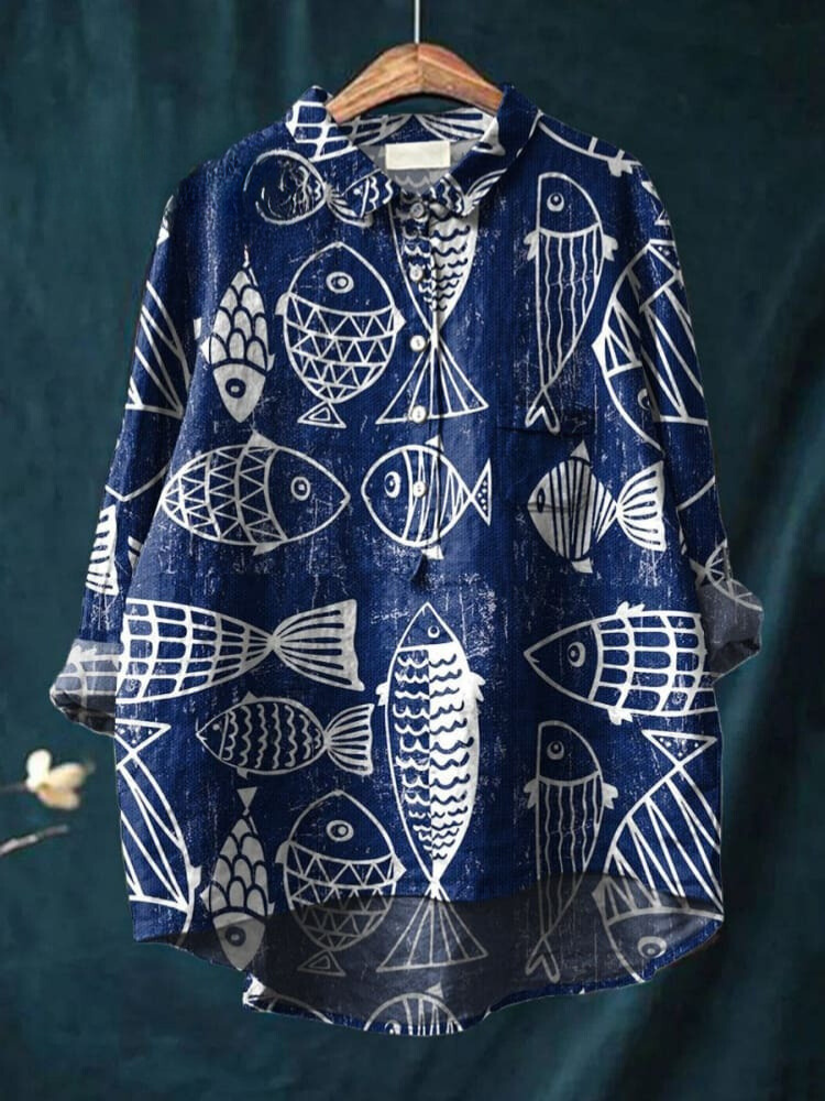 Women's Fish Art Print Casual Cotton And Linen Shirt