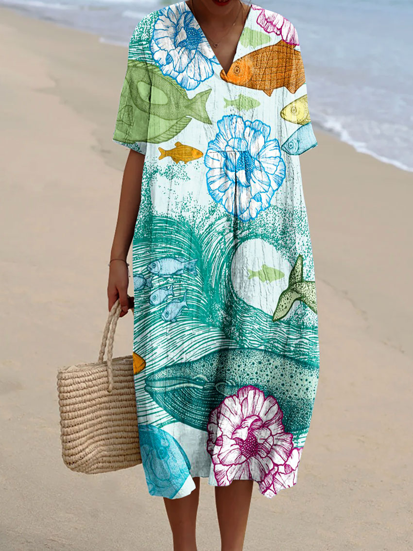 Women's Vintage Abstract Marine Life Fish Art Print Flowy Dress