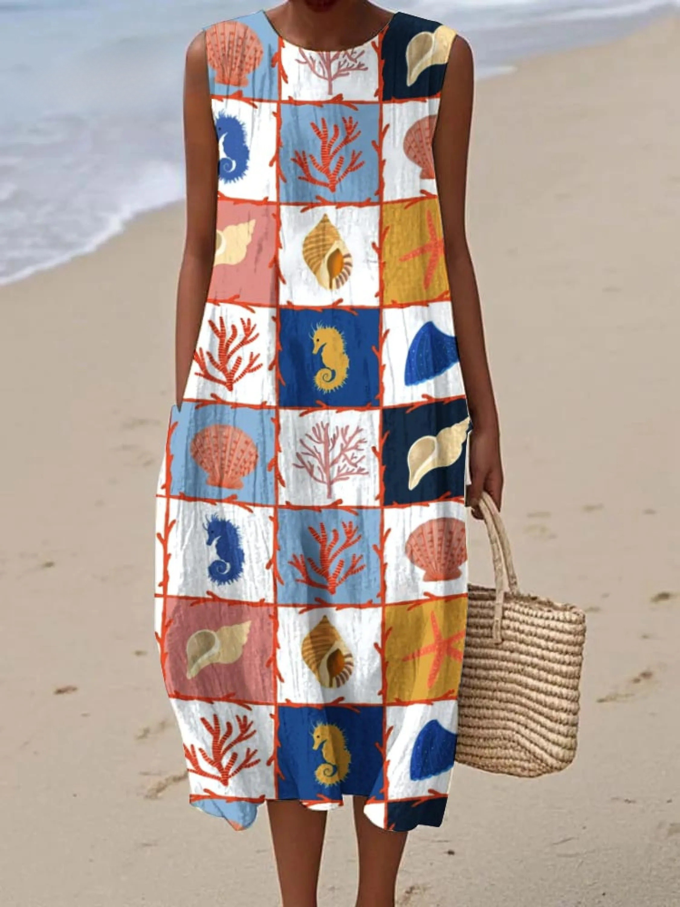 Women's Elegant Underwater World PatternPattern Print Sleeveless Cotton Pocket Wrap Dress