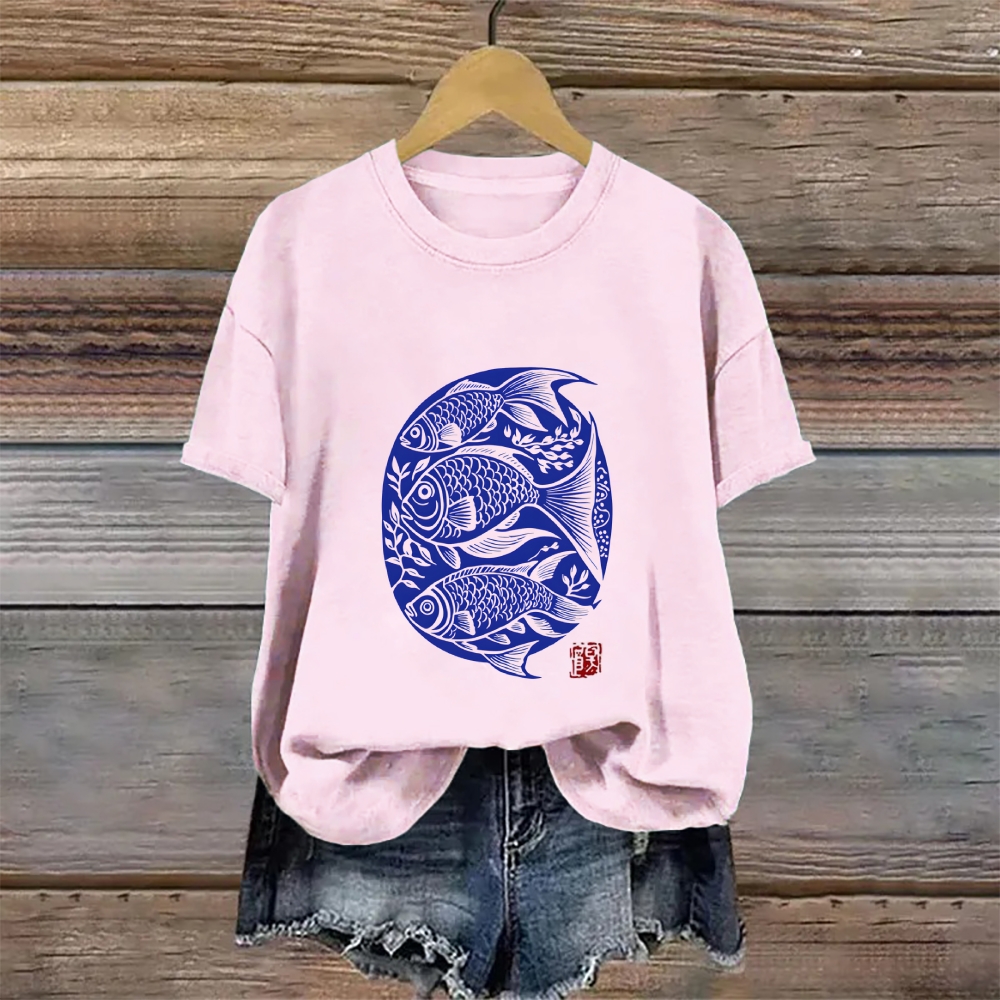Cotton Japanese Linocut Fish Art Print T-shirt